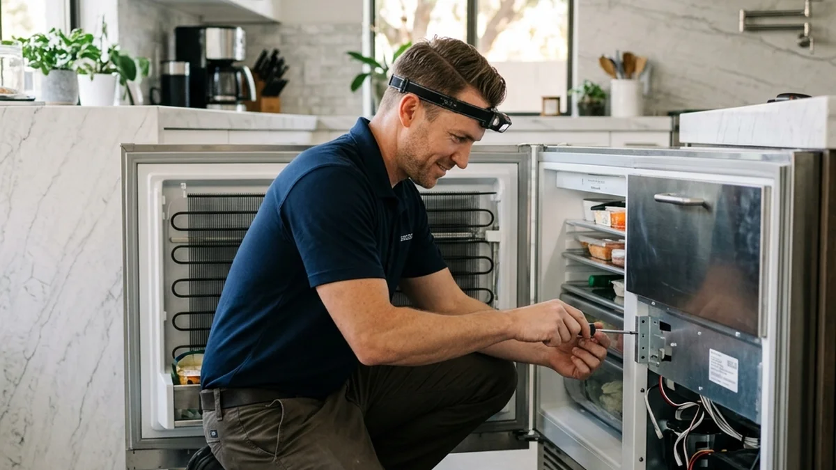 Certified technician repairing a built-in Sub-Zero refrigerator in a North Scottsdale home
