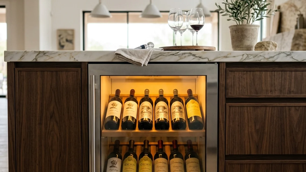 Built-in Sub-Zero wine cooler holding bottles in a kitchen island