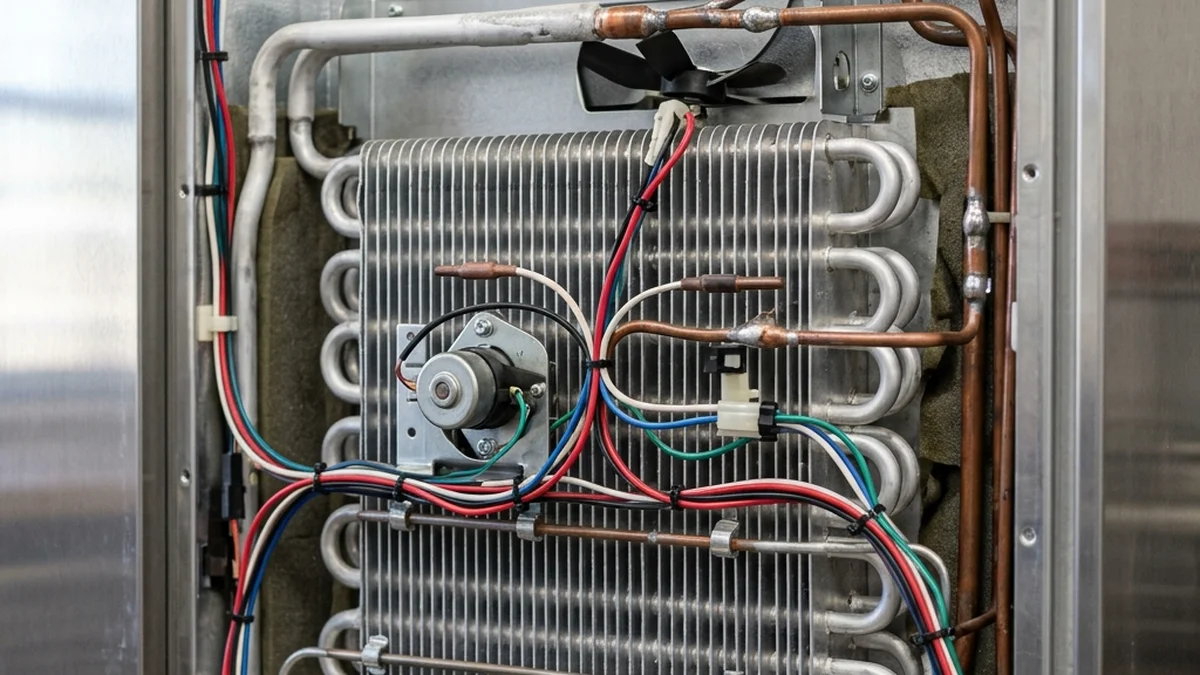 Evaporator coil and wiring inside a Sub-Zero refrigerator during diagnosis